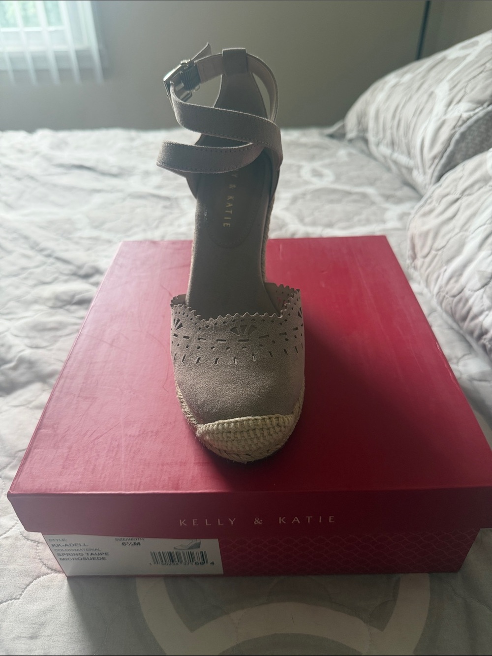 Kelly & Katie Taupe Suede Ankle-Strap Espadrille Wedge